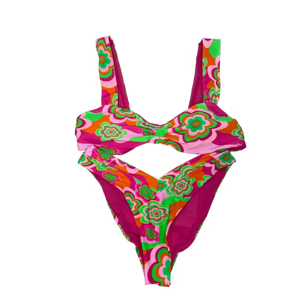 Bingo Surf Tropidelic Bikini Set Flower Power‎ Pink Orange Green Swimsuit XL
